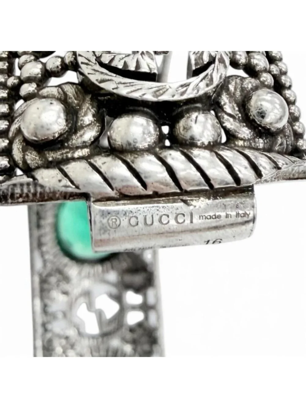 Gucci Interlocking G Flower Cat Head Green Color Stone Bangle Silver 16 Bracelet